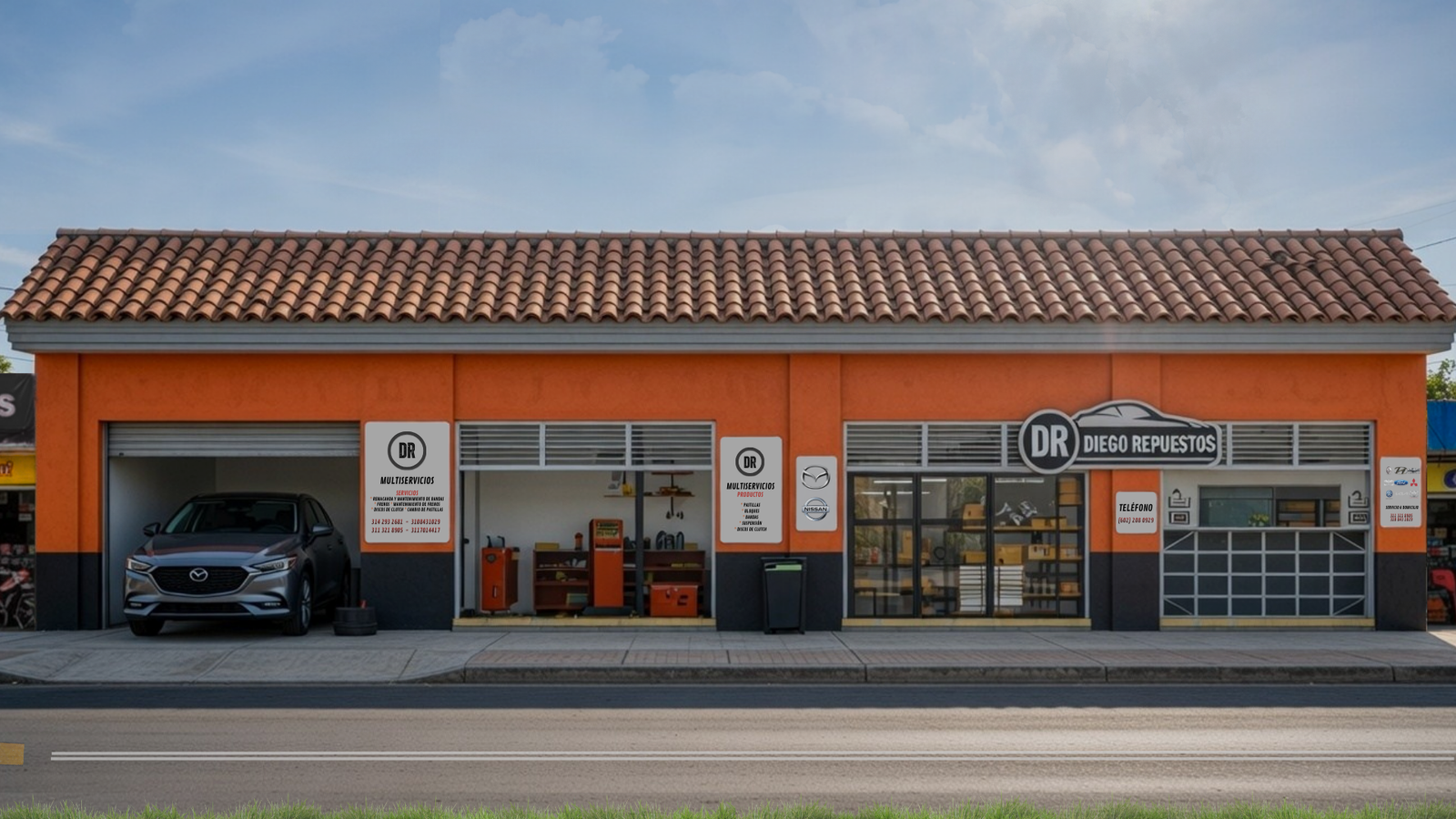 Fachada de Diego Repuestos, taller especializado en mecánica automotriz en Cartago, Valle del Cauca, Colombia.
